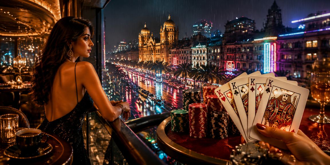 Vibrant neon-lit Teen Patti game in Mumbai casino atmosphere