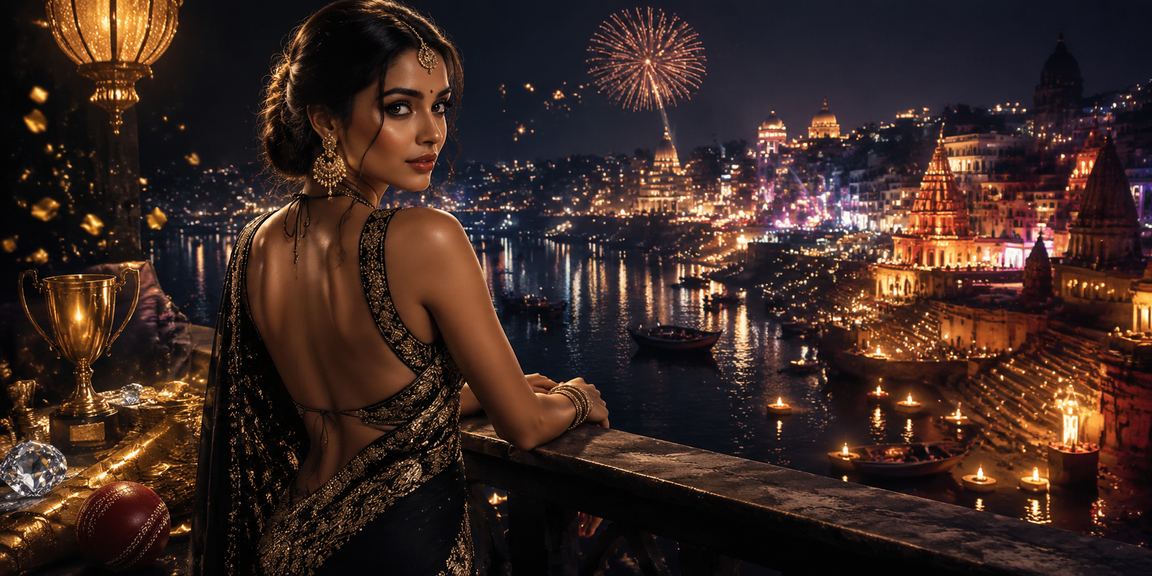 Varanasi Ghat with cricket betting and Bollywood theme
